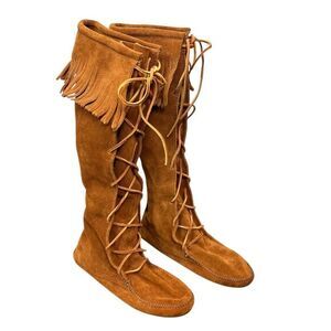 Minnetonka Boots Womens 7 Brown Suede Leather Lace Up Moccasins Knee High Fringe
